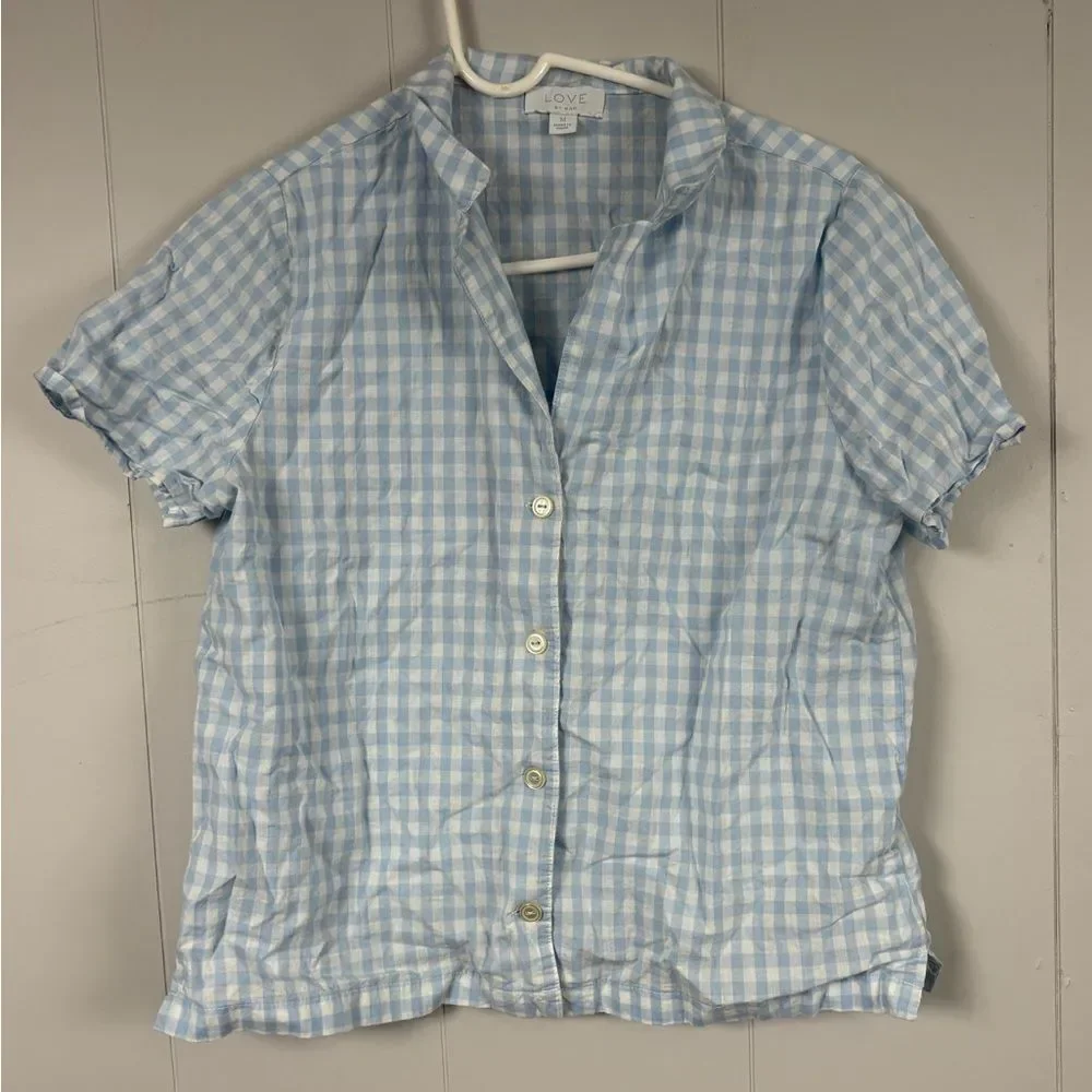 Love by Gap Blue White Gingham Button Down Pajama Top Medium Plaid Loungewear